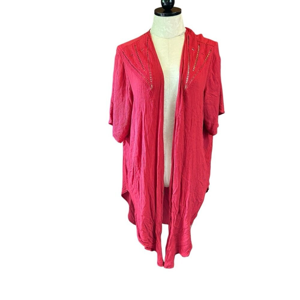 Torrid Red Crinkled Gauze Crochet Inset Longline Kimono Plus Size 0/00 XL